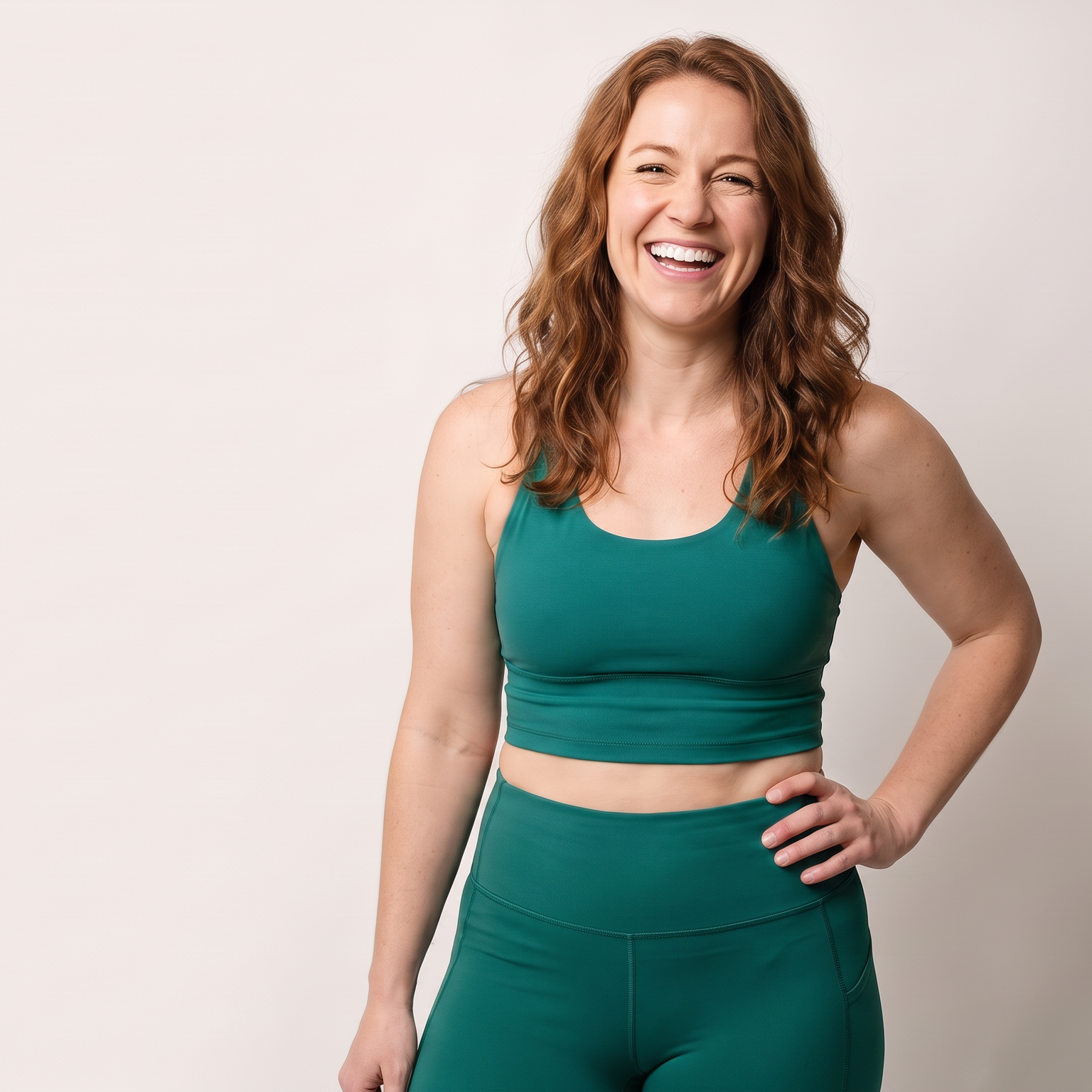 Smiling woman in teal athletic wear