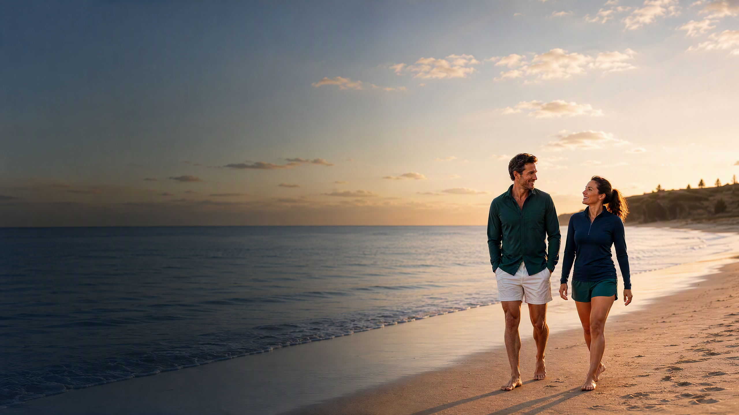 Couple walking along a beach at sunset